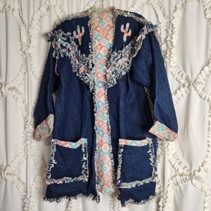 Vintage 90's Handmade Jean Fringe Cactus Jacket Size L/XL